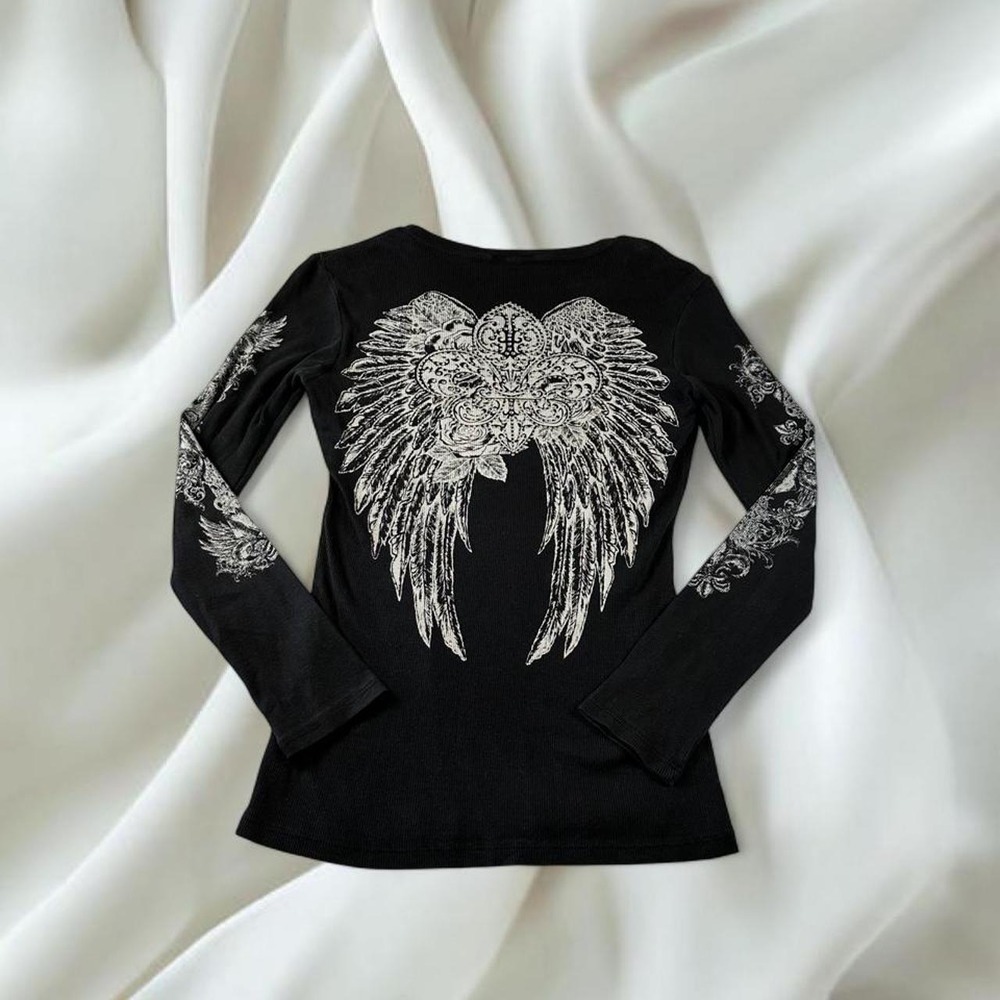 Reign black rhinestone angel wings graphic all over print tight long sleeve top